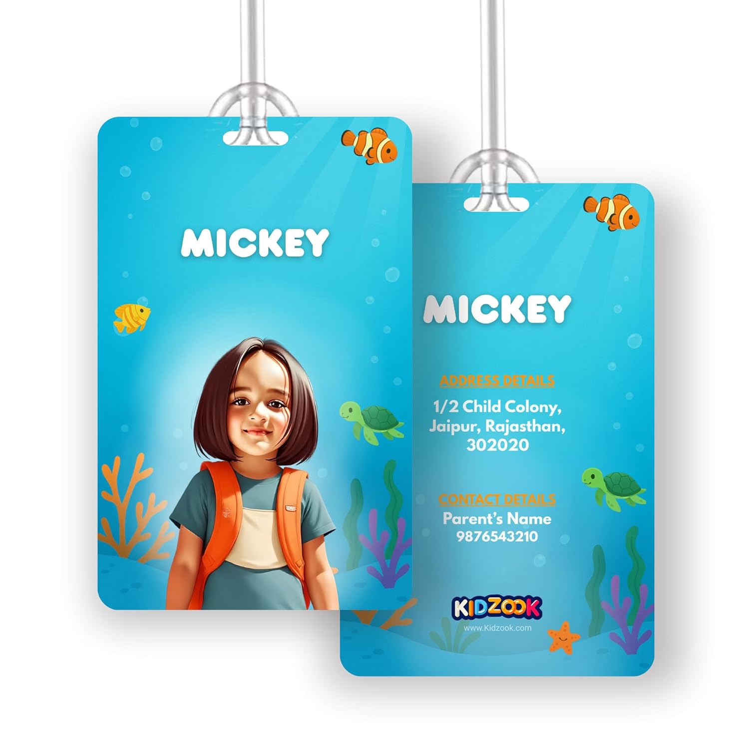 Personalised Bag Tags | | Silicone Loop | Kids Travel Essential | Stylish Luggage Labels | Pre School, Camping Gear | Customisable Photo & Contact Info Pack of 2 (Aqua Theme)