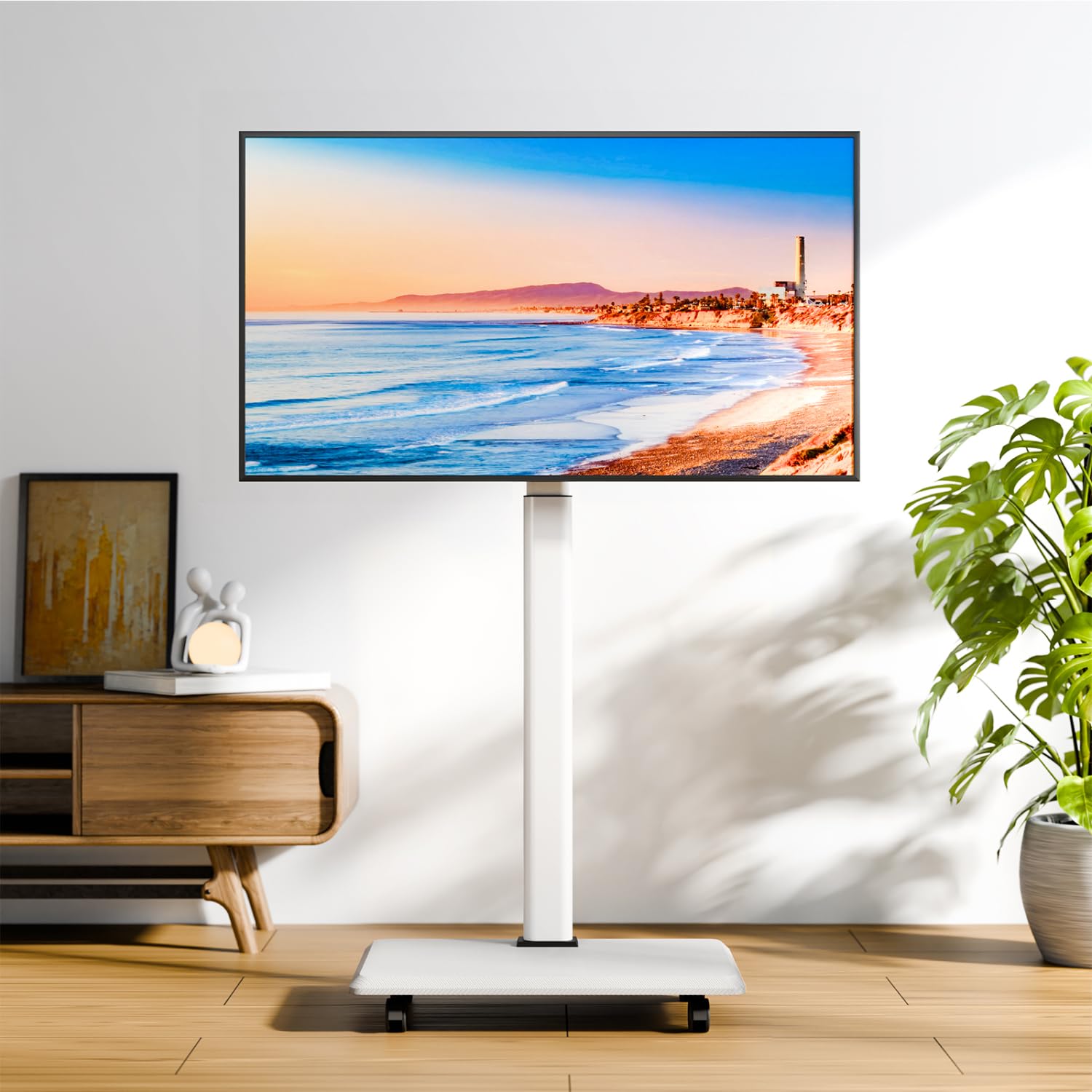 NearHub Support TV sur Pied pour TV 26-70 Pouces, Support TV roulettes Réglable en Hauteur (6 Niveaux), Rotation ±25°, Charge Max 40 kg, Norme VESA 100x100mm-600x400 mm, Blanc