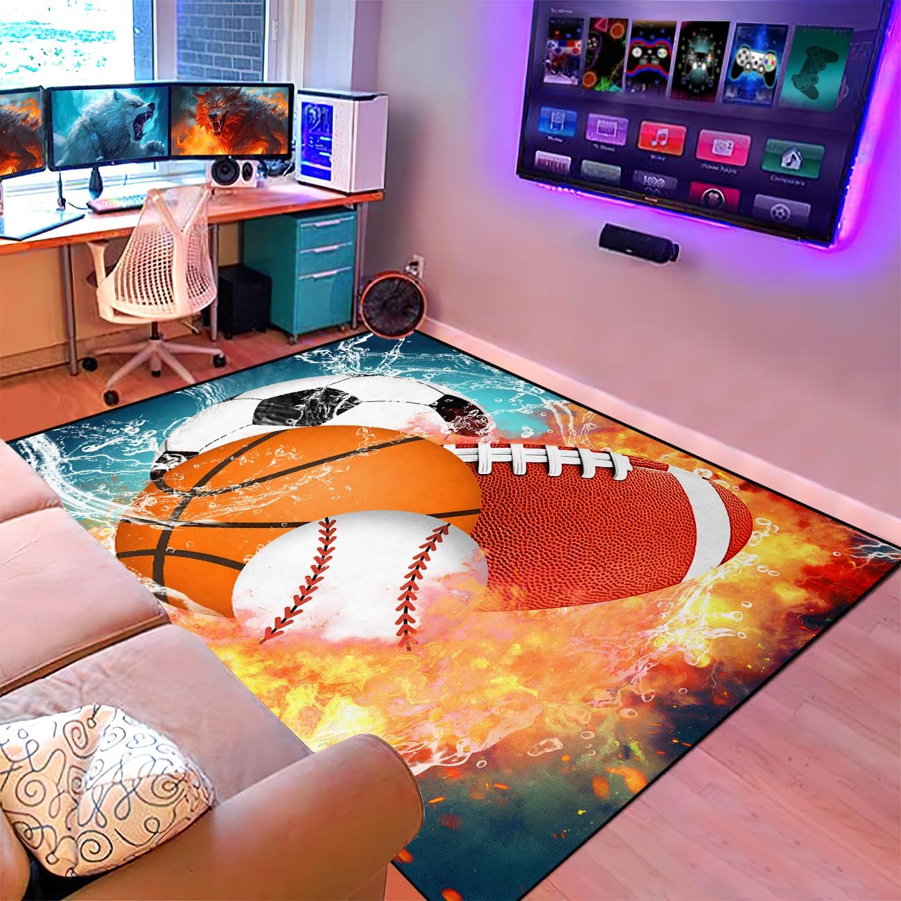 Basketball Rug for Boys Bedroom 3'x5' Kids Football Carpet Water Fire Sports Rugs for Boys Bedroom Baseball, Soccer Rug for Playroom Living Room Decor Sofa Mat Multi-587 3' x 5' (Rectangular)