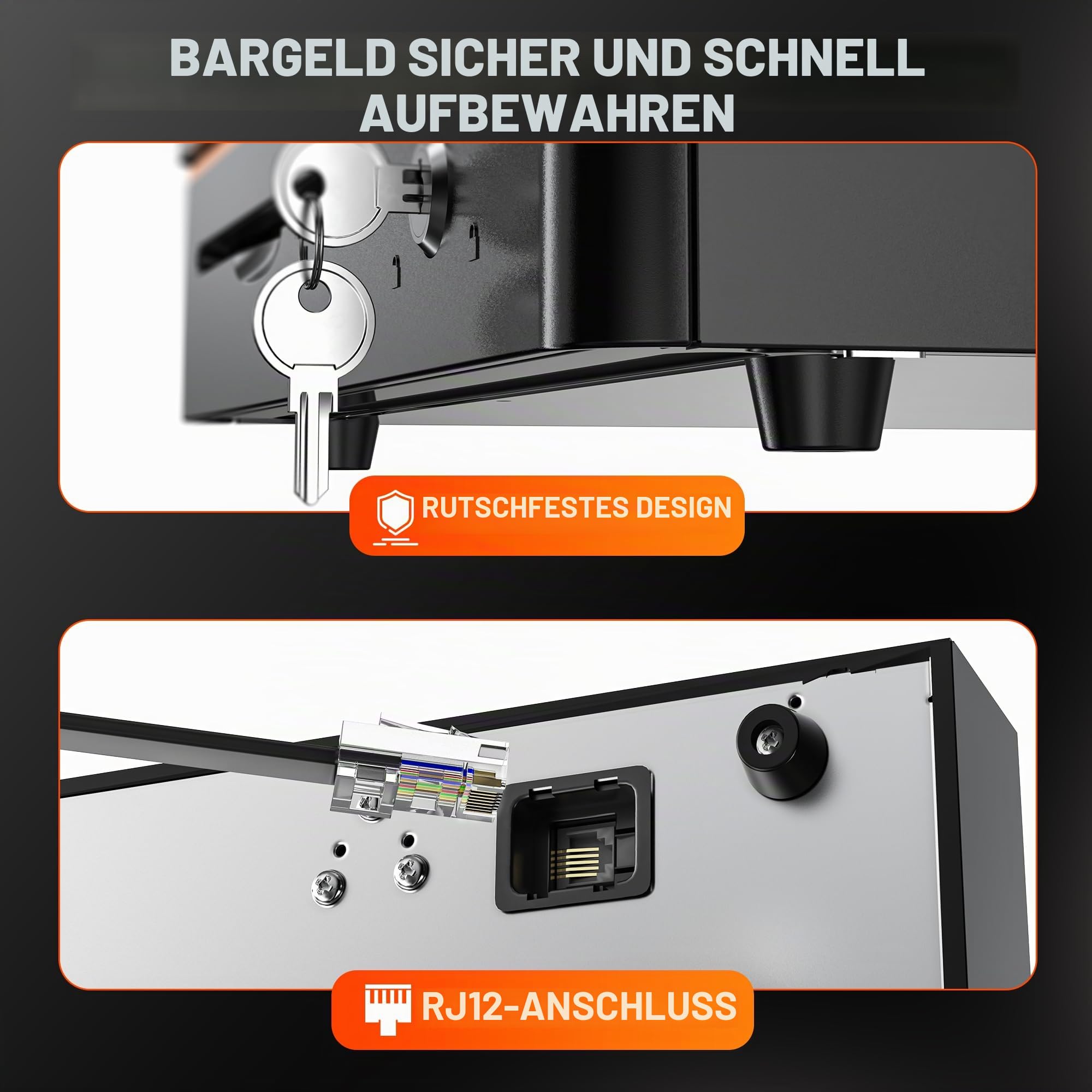 Tera Geldkassette Kassenlade Abschließbar 40,5x40x10,2 cm 4 Scheinfächer 8 Münzfächer RJ12 Mikroschalter Modell 405R