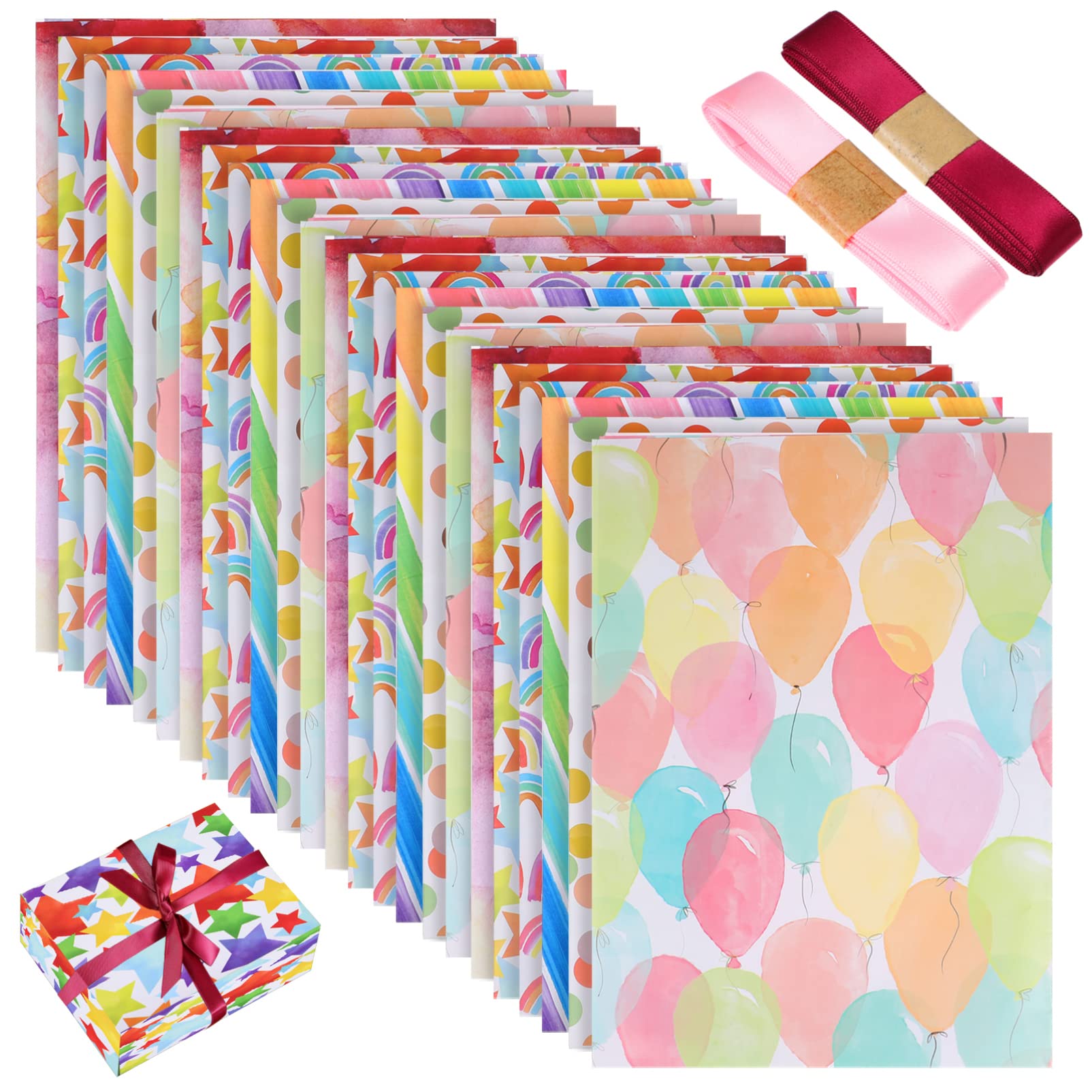 Geschenkpapier zum Geburtstag 24 Stück mit 4 Bändern, Papier