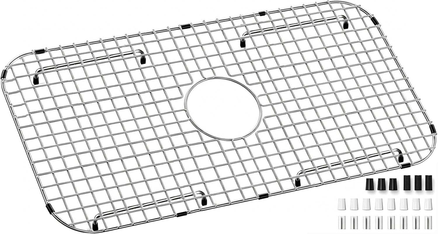 Photo 1 of Sink Protectors for Kitchen Sink Bottom, 304 Stainless Steel 27 x 14 Sink Grid Single-Bowl Farm Sink Protector Metal Grill Rack with Centered Drain Hole with Corner Radius 3-1/2", Soft Rubber Feet