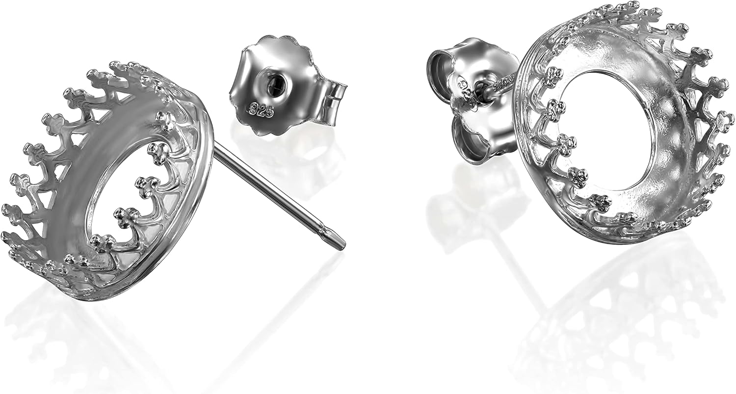 925 Sterling Silver Earring Setting - Earring Making Supplies - 10mm Round Stud Bezel Cups with Post and Butterfly Backs - DIY Earrings Projects - Earring Findings for Jewelry Making