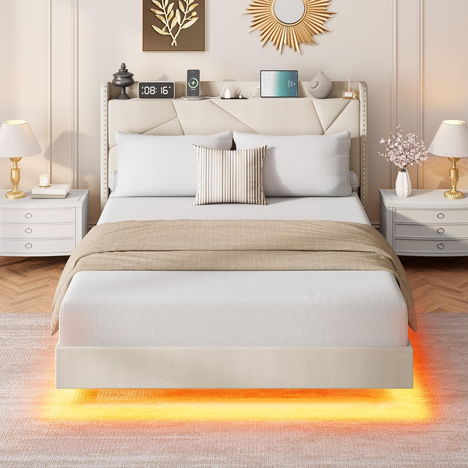 Garvee Queen Size Floating Bed Frame with RGB LED Lights and Charging Station, Upholstered Platform Bed with Storage Headboard and Button Tufted Design, No Box Spring Needed, Beige