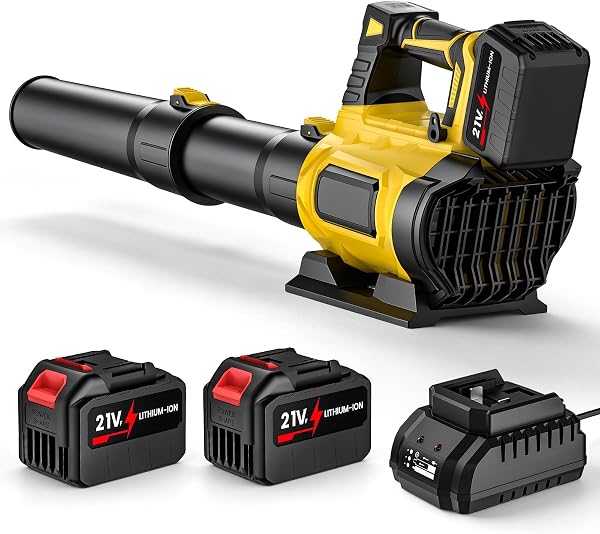 Souffleur de feuilles à batterie 21 V sans fil, moteur brushless 18 000 tr/min, 3 vitesses, 2 batteries 4,5 Ah