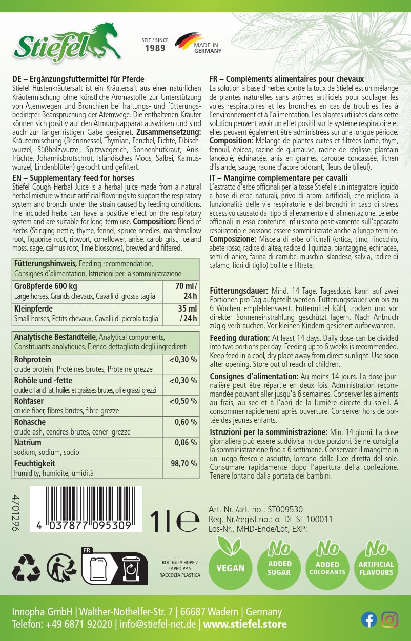 Stiefel Jugo de hierbas para la tos para caballos, hecho de una mezcla de hierbas 100% natural, puede ayudar a las vías respiratorias y bronquios, líquido con botella dosificadora, 1 litro
