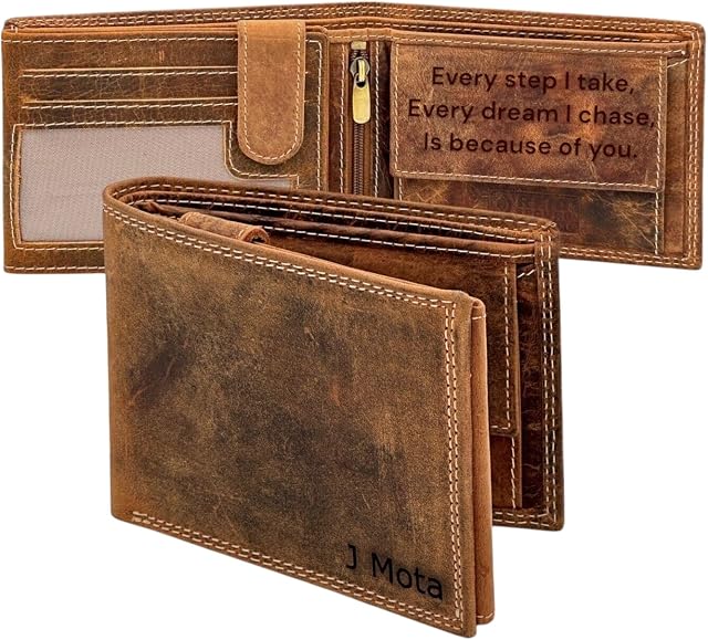 STARHIDE Personalised Custom Engraved RFID Blocking Wallet for Men - Genuine Distressed Leather Coin Pocket Wallet - Customised Gift for Dad, Boyfriend, or Husband (Brown, Text Engraved)