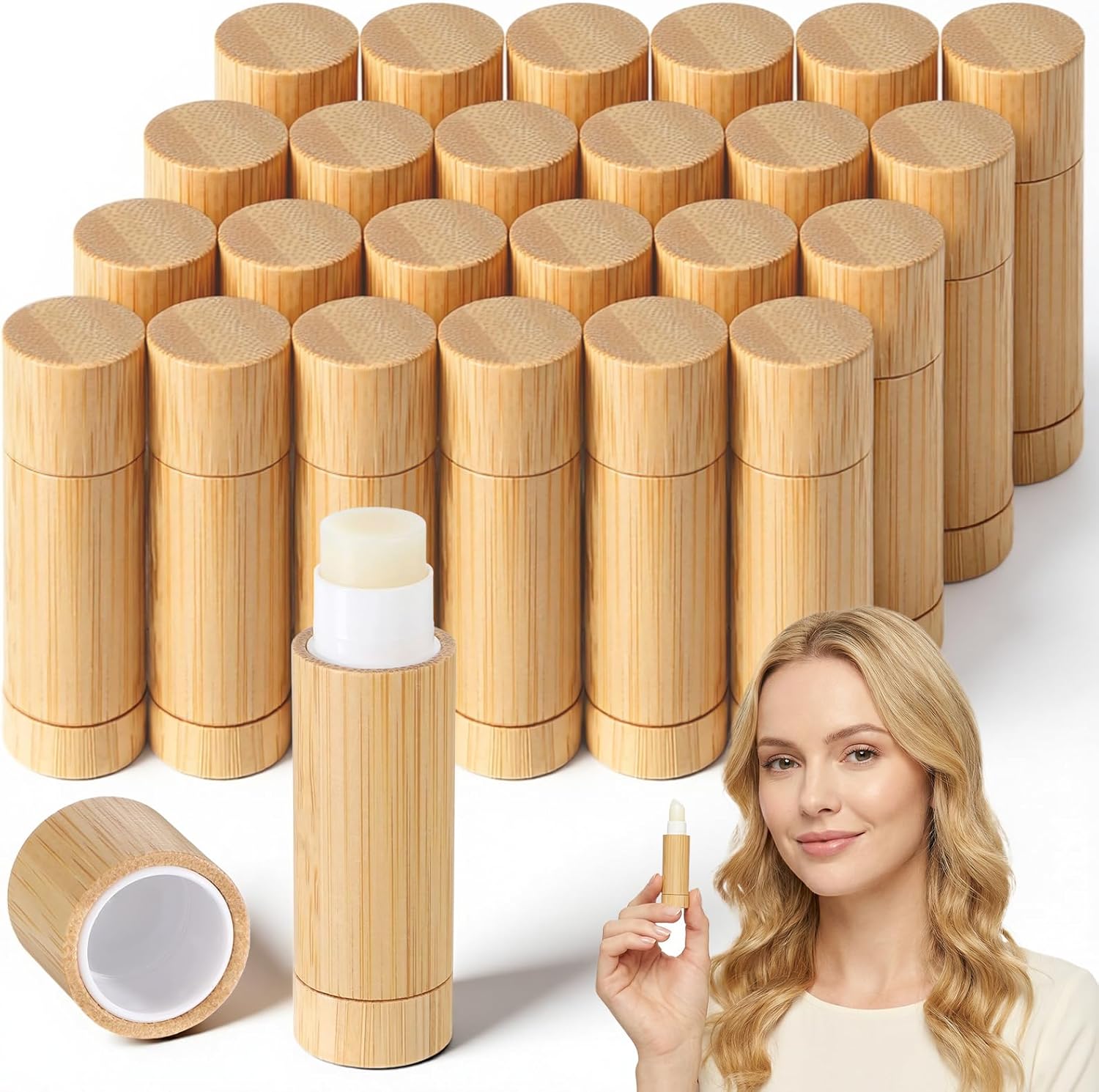 24 Pcs Bamboo Empty Lipstick Tubes, 5g Refillable Lip Balm Tube Containers with Clear Plastic Rotable Inner DIY Cosmetic Lipstick Lip Gloss Case Holder for Women Girls Homemade Balm Makeup