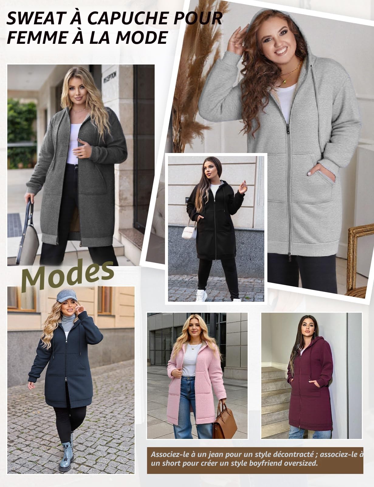 CMTOP Longue Sweat Zippé Femme Cotton Chaud Veste à Capuche Oversize Casual Manteau en Polaire Grand Taille avec Poches Hoodie Chic et élégant Automne Hiver Outerwear