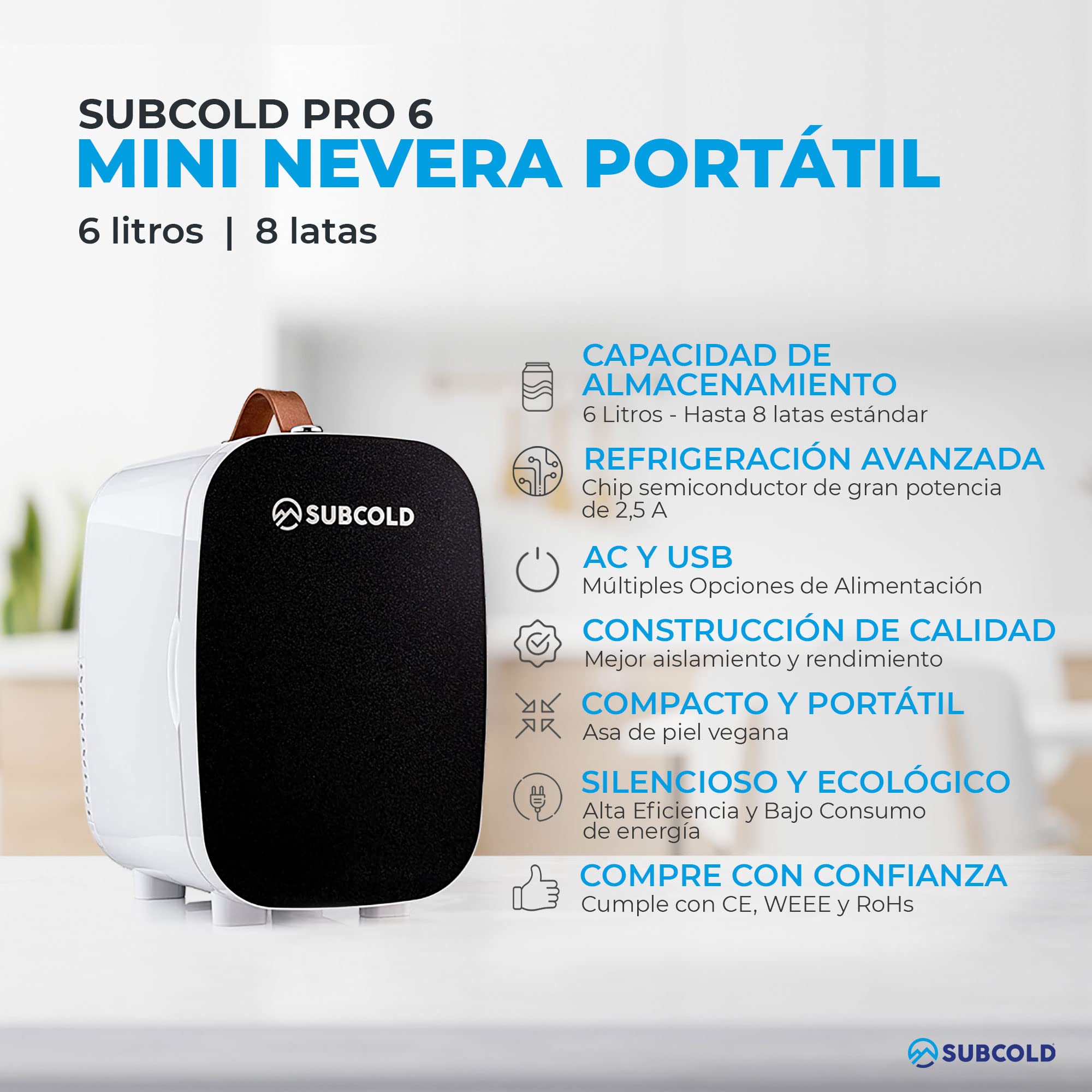 Subcold Pro6 Luxury Mini refrigerador para frigorífico,6 litros/8 latas,AC y exclusiva opción de alimentación USB, viajes, cuidado de la piel y cosméticos (negro)