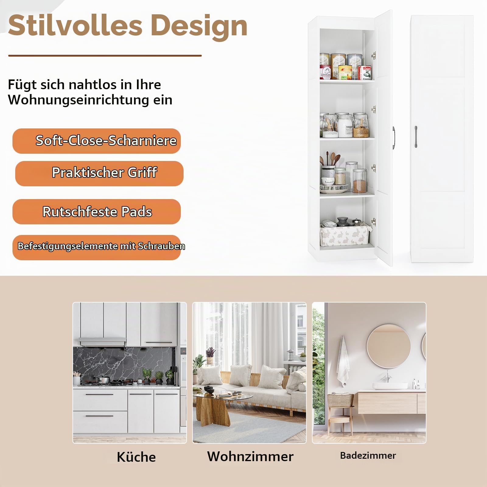 KOMFOTTEU 4 Etagen Hochschrank mit Metallgriff & Kippschutz, Aufbewahrungsschrank mit Einer Tür, Mehrzweckschrank schmal, Küchenschrank für Esszimmer, Küche, Badezimmer, 37,5 x 40 x 150 cm (Weiß)