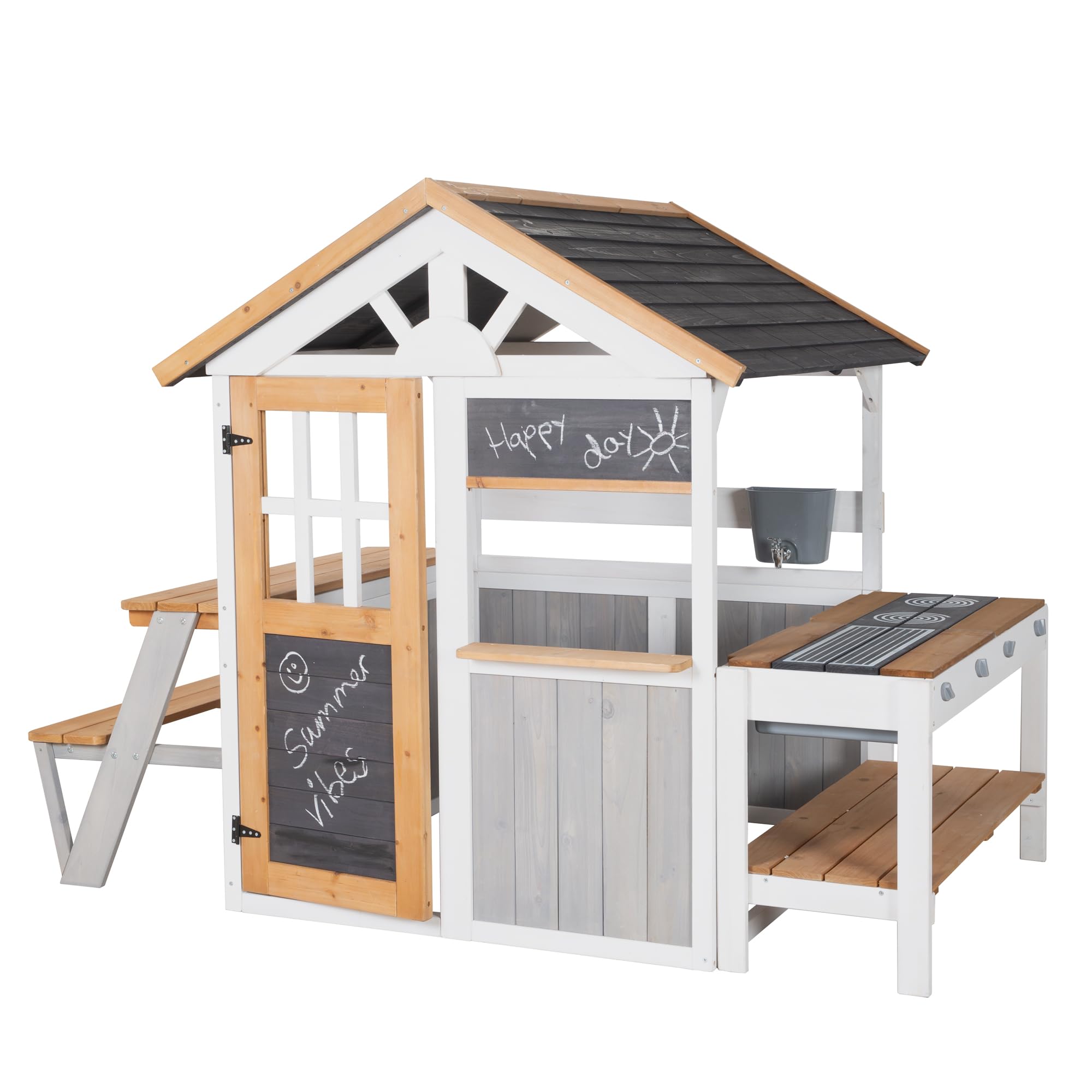 roba Spielhaus Outdoor Kinder ab 18 Monaten - Gartenhaus aus Holz mit Verkaufstheke & Wasserhahn - Kreatives Spielgerät für draußen - Erweiterbar mit Zubehör-Küche & Picknicktisch - Mehrfarbig