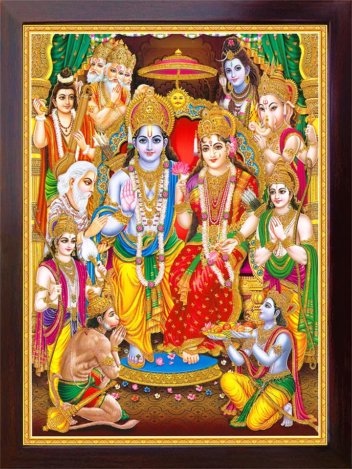 SANVIKA Hanuman Showing His Humbleness in Ram Darbar and Mata Sita Giving Blessings. A Holy Religious Poster Painting with Frame for Hindu Worship Purpose (COL12)