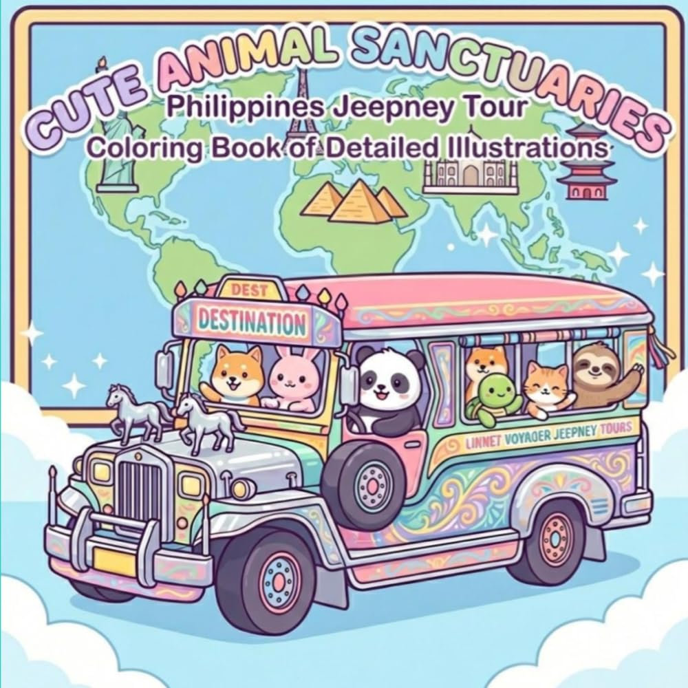 Cute Animal Sanctuaries: Philippines Jeepney Tour: Coloring Book of Detailed Illustrations