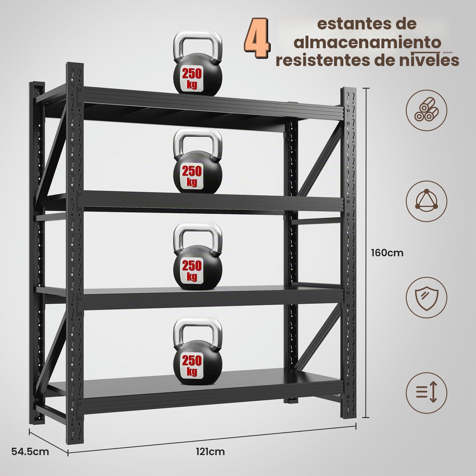 Sightlife Estantería de Metal para Cargas Pesadas, estantería de Almacenamiento, estantería de Taller, sótano, Garaje, Cocina de 4 Niveles,54.5 x 121 x 160 cm