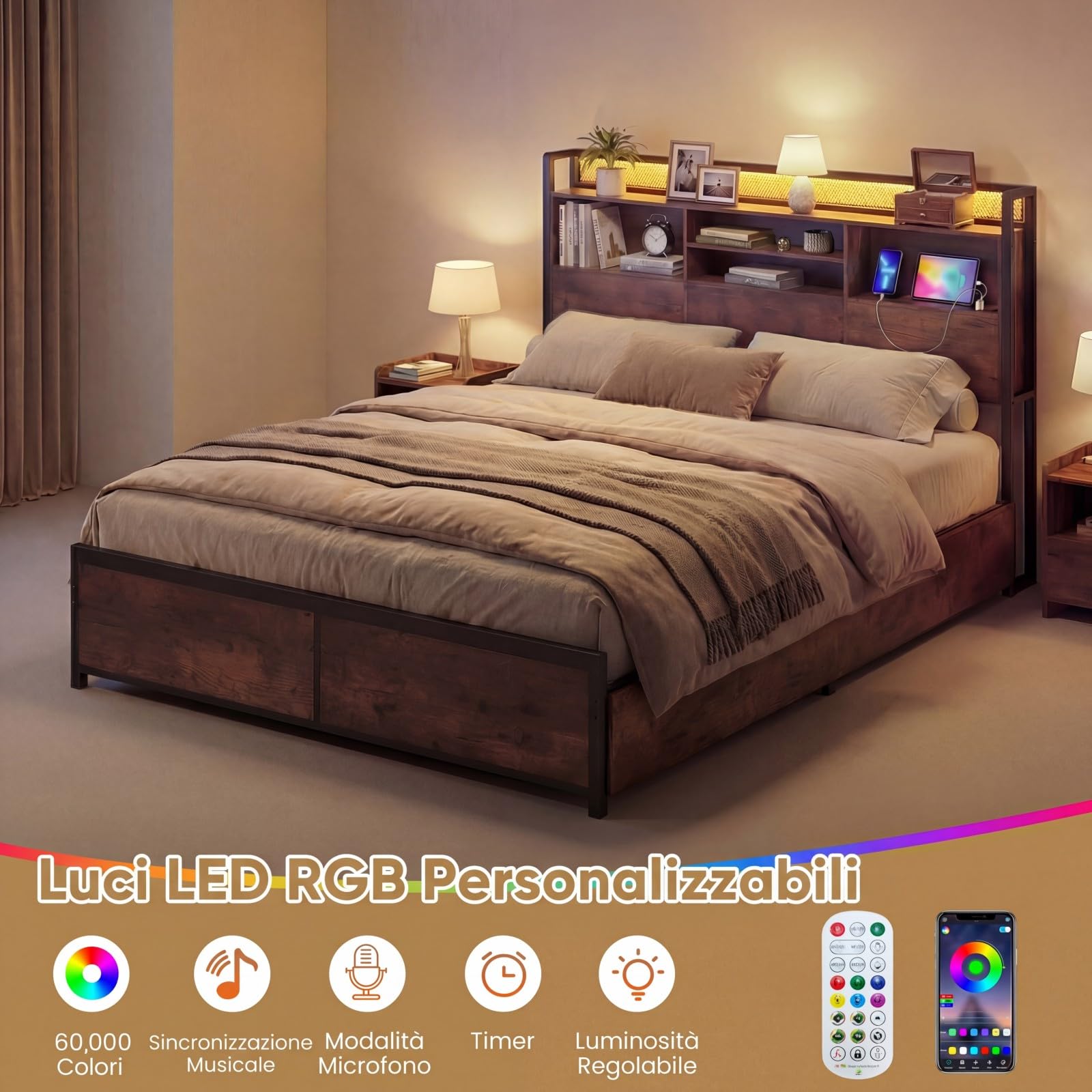 COSTWAY Struttura Letto con Testiera, Letto con 4 Cassetti e Doghe Robuste in Metallo, Letto a Piattaforma con Prese, Silenzioso, Carico Massimo 300kg (160 x 200 cm)