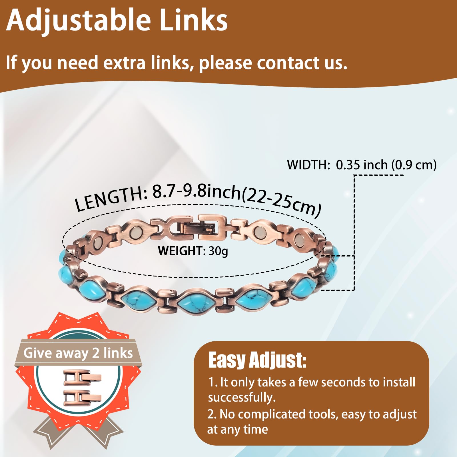 Tobillera magnética de cobre para mujer, pulsera de tobillo de cobre puro con imán (1), Cobre, Imán 2
