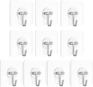10 Pieces Self Adhesive Wall Hooks, Drilling Free Wall Mount, with Stainless Steel Hooks Adhesive Hooks for Bathroom, Kitchen and Home, Clear