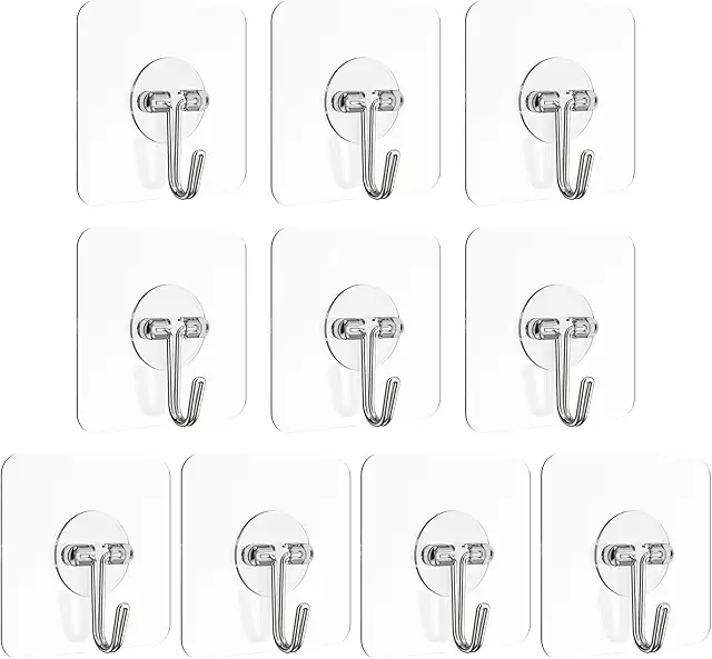 10 Self-Adhesive Wall Hooks - Drill-Free Stainless Steel Mounts for Home