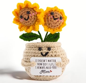 Crochet Flowers Sunflower Thank You Gifts for Women Mini Positive Desk Decor with Card Yellow-Sunflower 1
