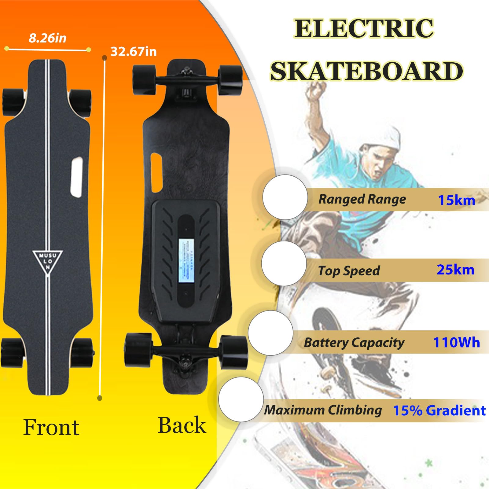Longboard électrique pour Adultes avec Télécommande, Longboard Urbain Complet, Vitesse Maximale de 25 km/h et Autonomie de 15 km, 4 Vitesses, Compatible avec Les Mountainboards C