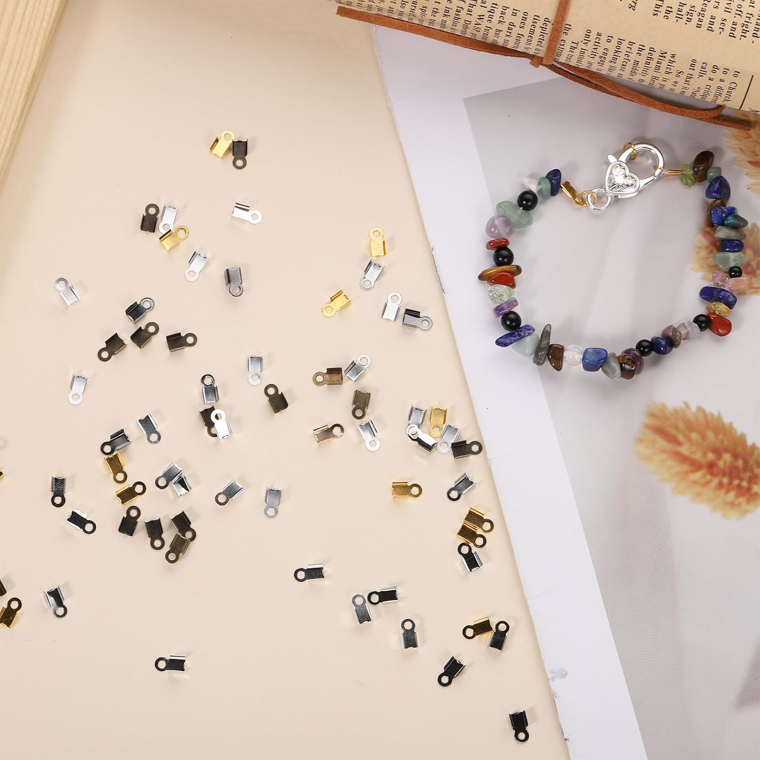 600Pcs Fold Over Crimp Cord Ends, Leather Ribbon End Clasp Tips Caps, Cord Crimp End Tips, Jewelry Connector Fold Over Cords Ends for Jewelry Making, 4.5 X 8.5 Mm, 6 Colors