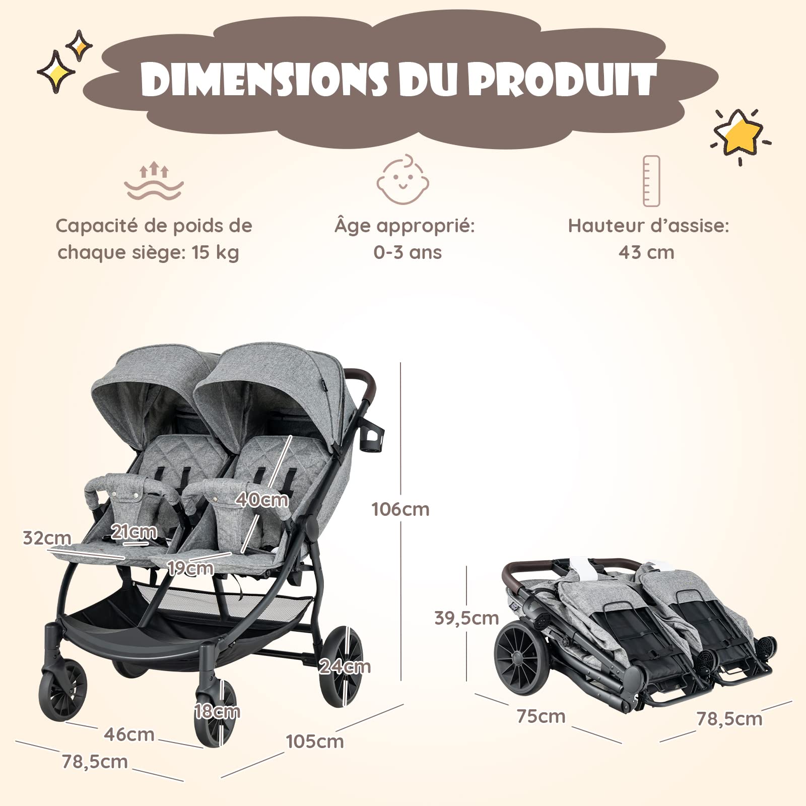 COSTWAY Poussette Canne Double avec Porte-Gobelet, Poussette Côte à Côte avec Dossier & Auvent Réglable, Pliable d'une Main, Ceinture de Sécurité, Charge 15KG pour Bébé 0 à 3 Ans