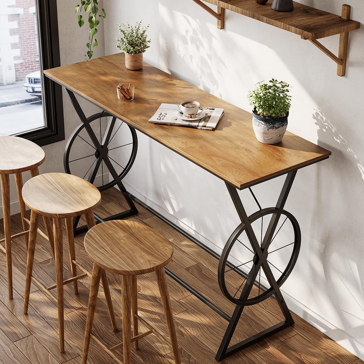 LITTLE TREE 63" Bar Table, Long Counter Height Table, Modern Kitchen Bar Height Table with Footrest & Wheel-Shaped Legs for Home Kitchen, Dining Room, Bistro, Bar, Coffee, Brown and Black (No Stool)
