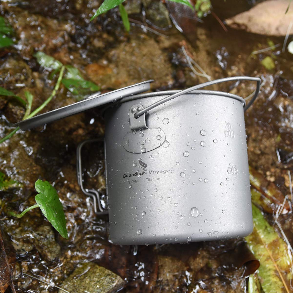 Boundless Voyage Outdoor 300ml 750ml 1100ml 1300ml 2900ml Titanium Pot with Lid Folding Bail Handle Camping Hiking Picnic Ultralight Portable Water Bottle Cup Mug Spork Set