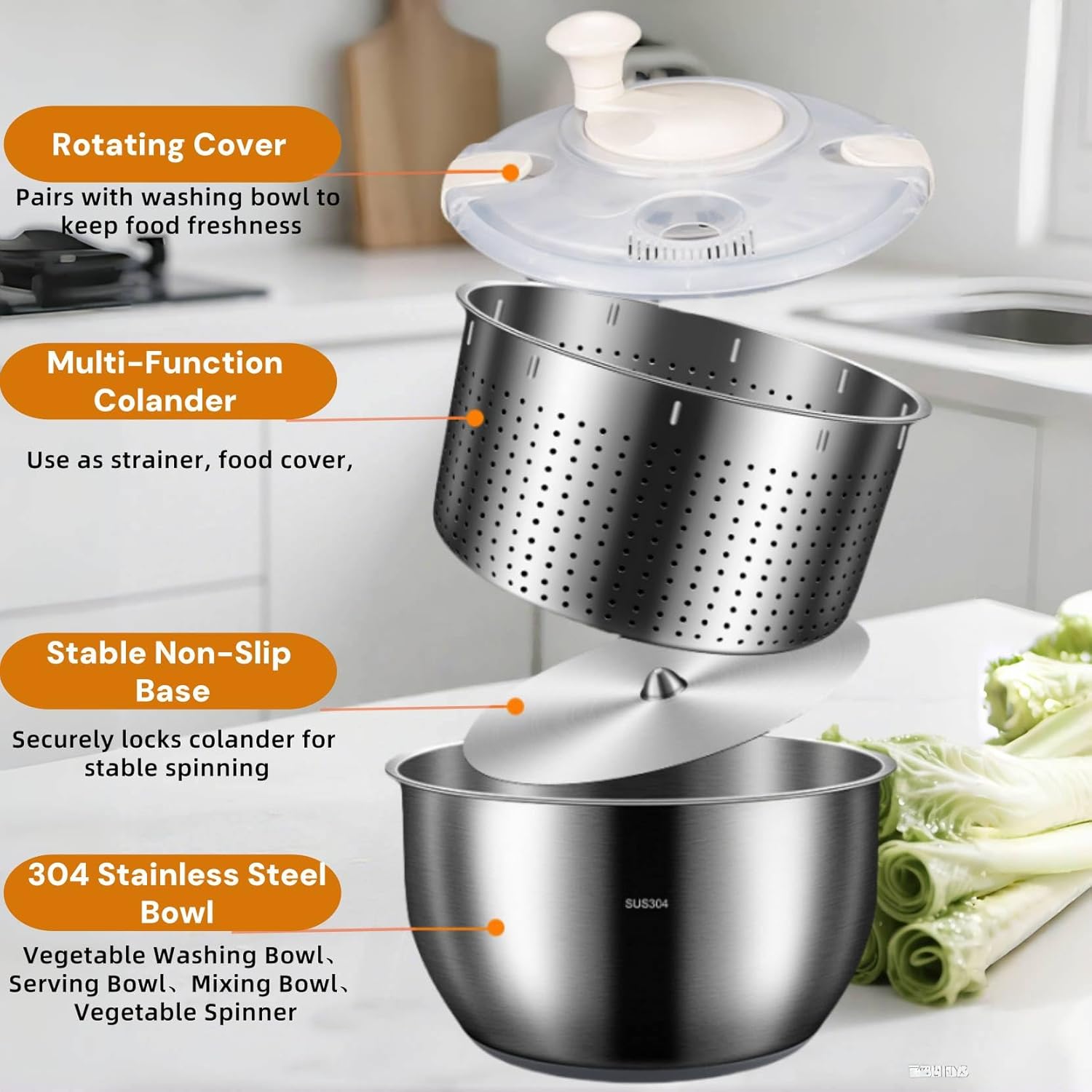 6L Stainless Steel Salad Spinner - Large Vegetable & Fruit Washer Dryer with Quick Spin, Drain Basket and Collapsible Design，Fruit Cleaner Spinner with for Lettuce, Greens (18/8 Stainless Steel)