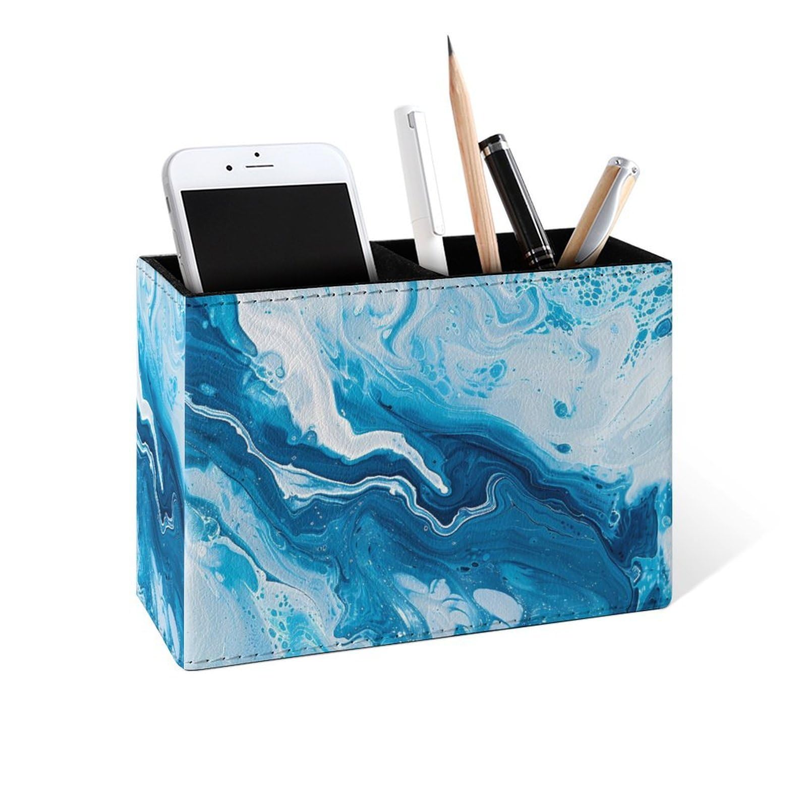 Famame Abstract Blue Marble Pencil Holder for Desk, Leather Desktop Container Pen Cup Storage Study Table Pen Organizer Makeup Brushes Holder for Office Home