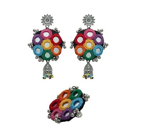 Traditional Fashion Multi Mirror Work Fabric Earrings with Finger Ring (Multicolour) for Girls and Women