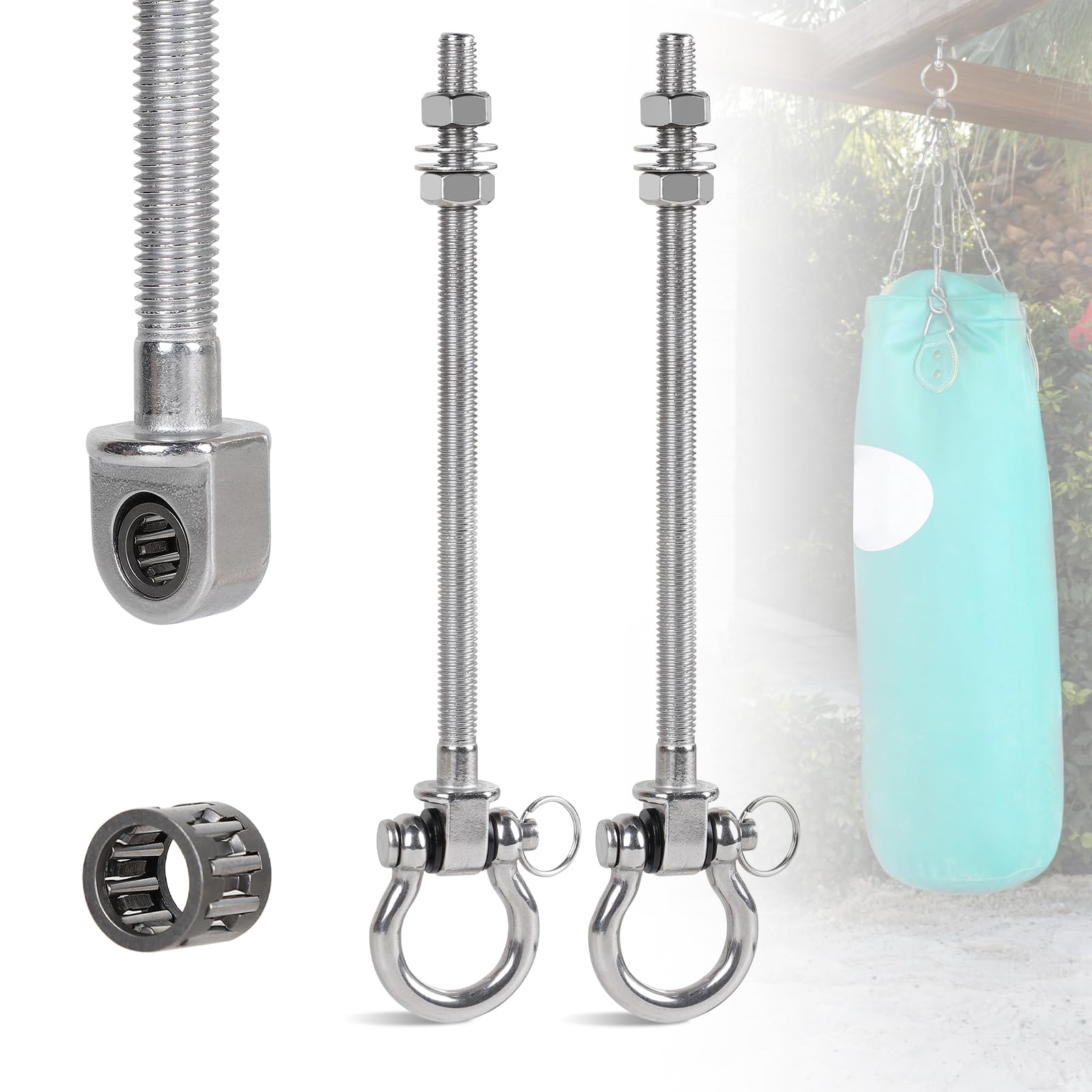 efuturetime 2 Pezzi Ganci per Altalena M10 in Acciaio Inox 304 con Cuscinetto a Rulli, Gancio da Soffitto con Filetto da 175 mm per Altalena e Yoga (Interno/Esterno)