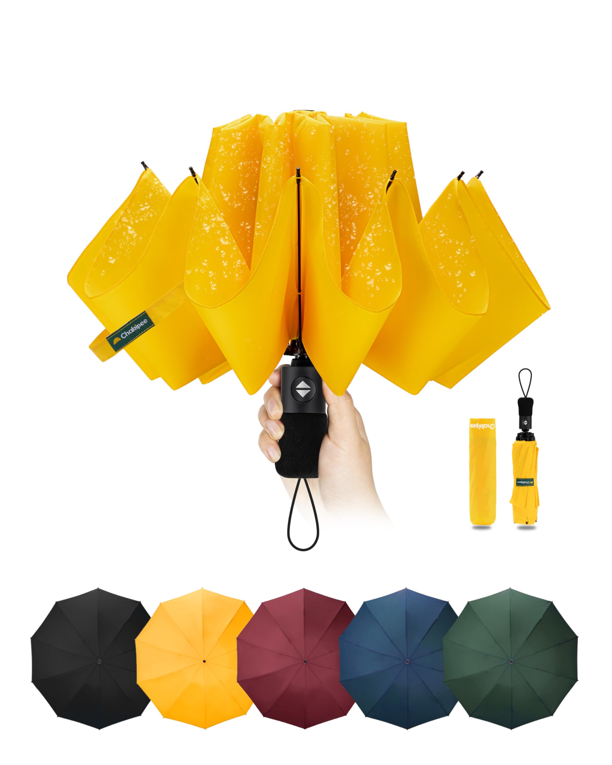 Chakipee Men's Yellow-117Cm(46Inch) Compact Travel Umbrella Windproof Strong- Automatic Inverted Folding Umbrellas For Wind And Rain, 210T Coating 105Cm Span - 10 Ribs Yellow Portable Umbrella For And Wo