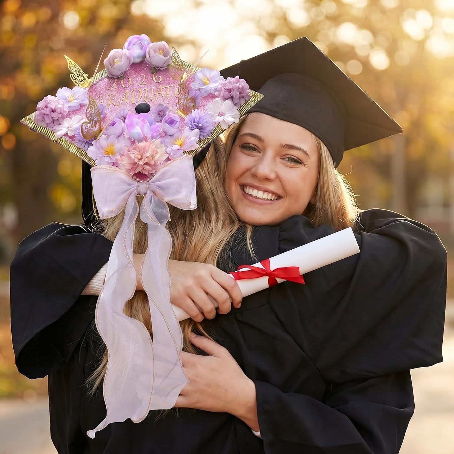Harsever 48Pcs Graduation Cap Decorations DIY Kit,Grad Cap Decorations Decor with Faux Flower 3D Butterfly Rhinestones Alphabet Letter Stickers for DIY Graduation Party Supplies (Purple)