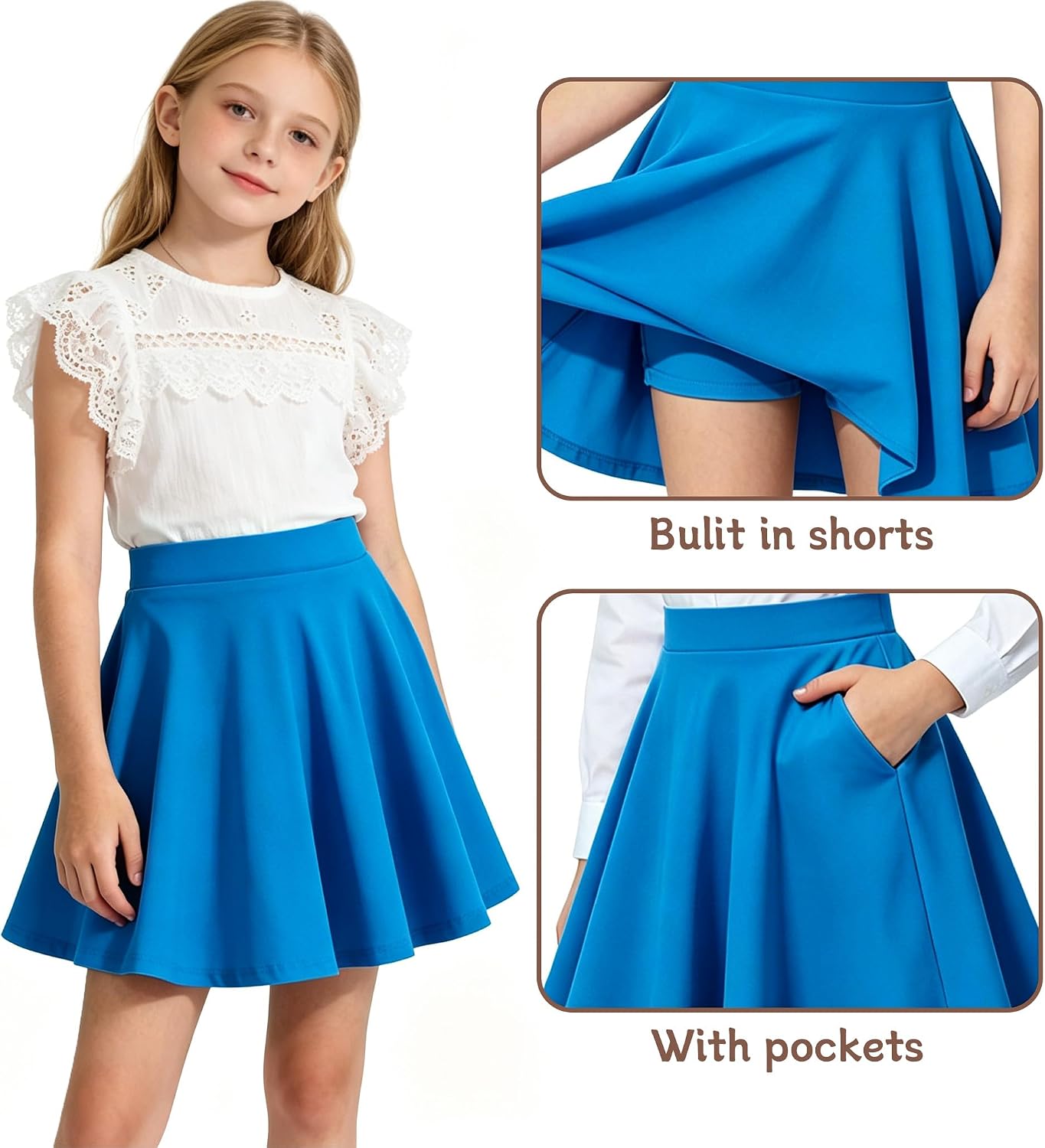 Girls Skater Skirt Elastic Waist Flared A-Line Cotton School Skirt