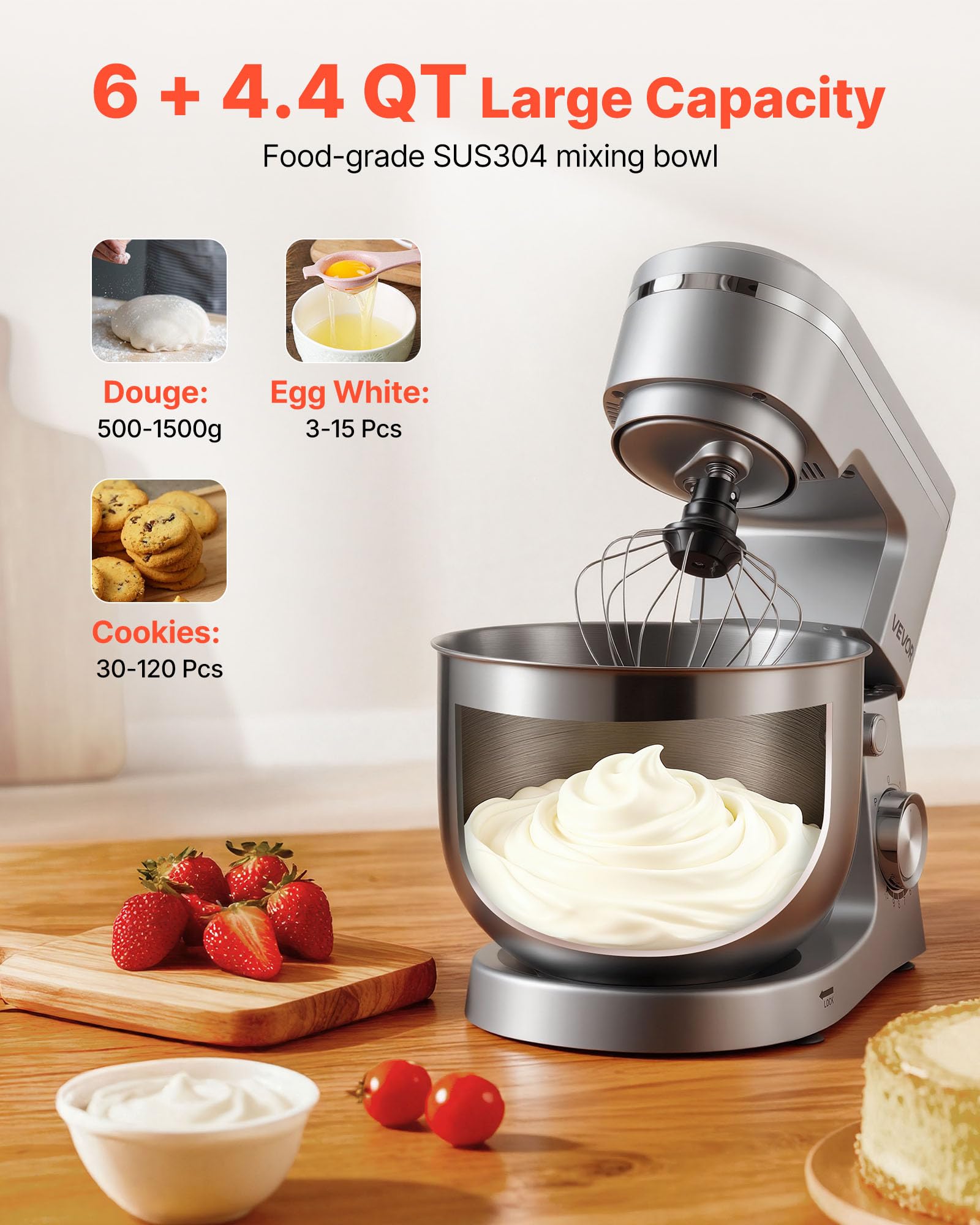 VEVOR Robot Pâtissier 5,7 L, Batteur sur Socle 1500 W, Mixeur à Pâte 10 Vitesses, Tête Inclinable, Bol en Inox, avec Crochet Pétrisseur, Fouet et Batteur, pour Mélange, Fouettage et Pétrissage