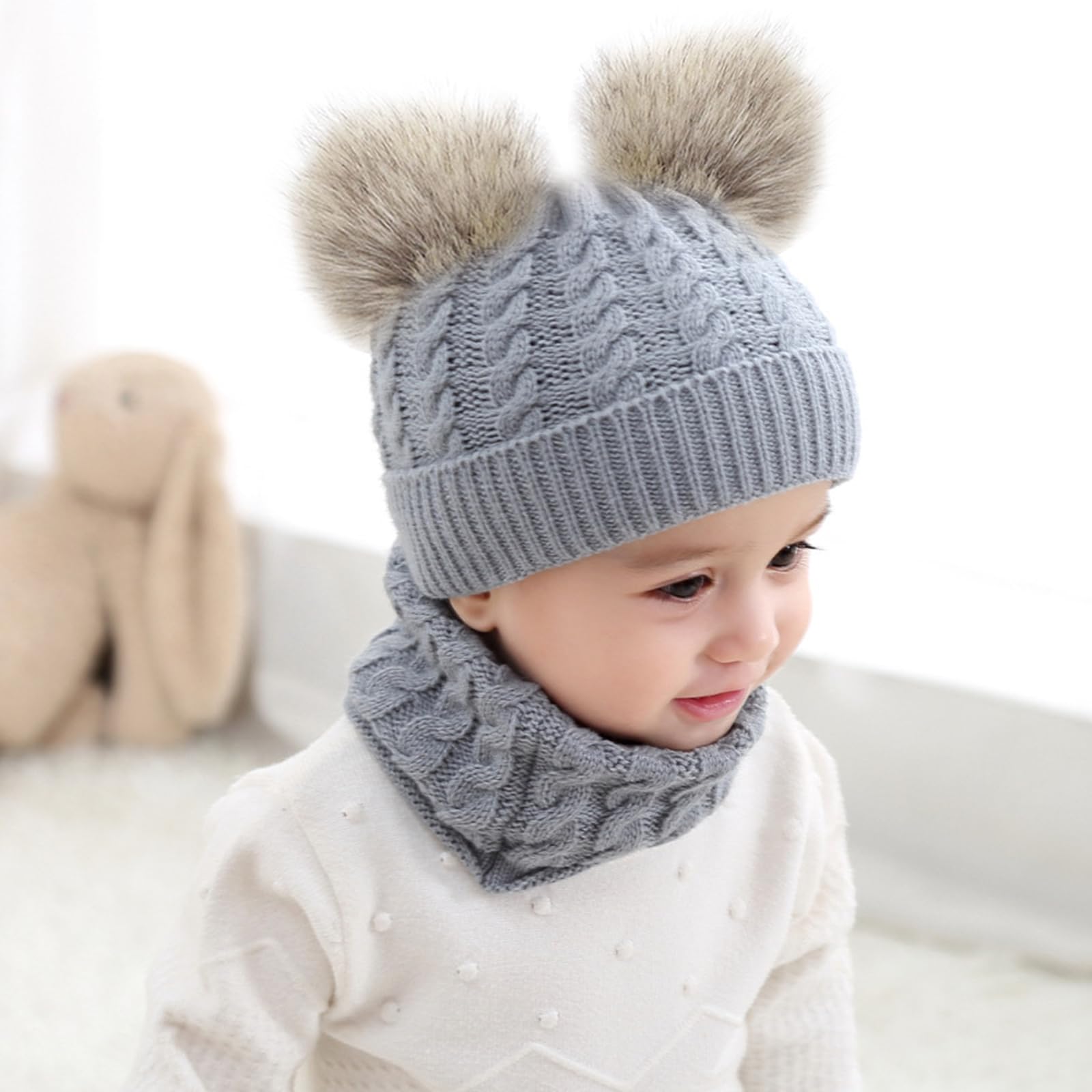 JSTHHTT 3 in 1 Conjunto de Gorro Bufanda y Guantes Niños, Térmico Pompón Beanie Gorro, Sombrero de Punto Invierno Cálido con Pompon, para Niños Niñas 2-4 Años