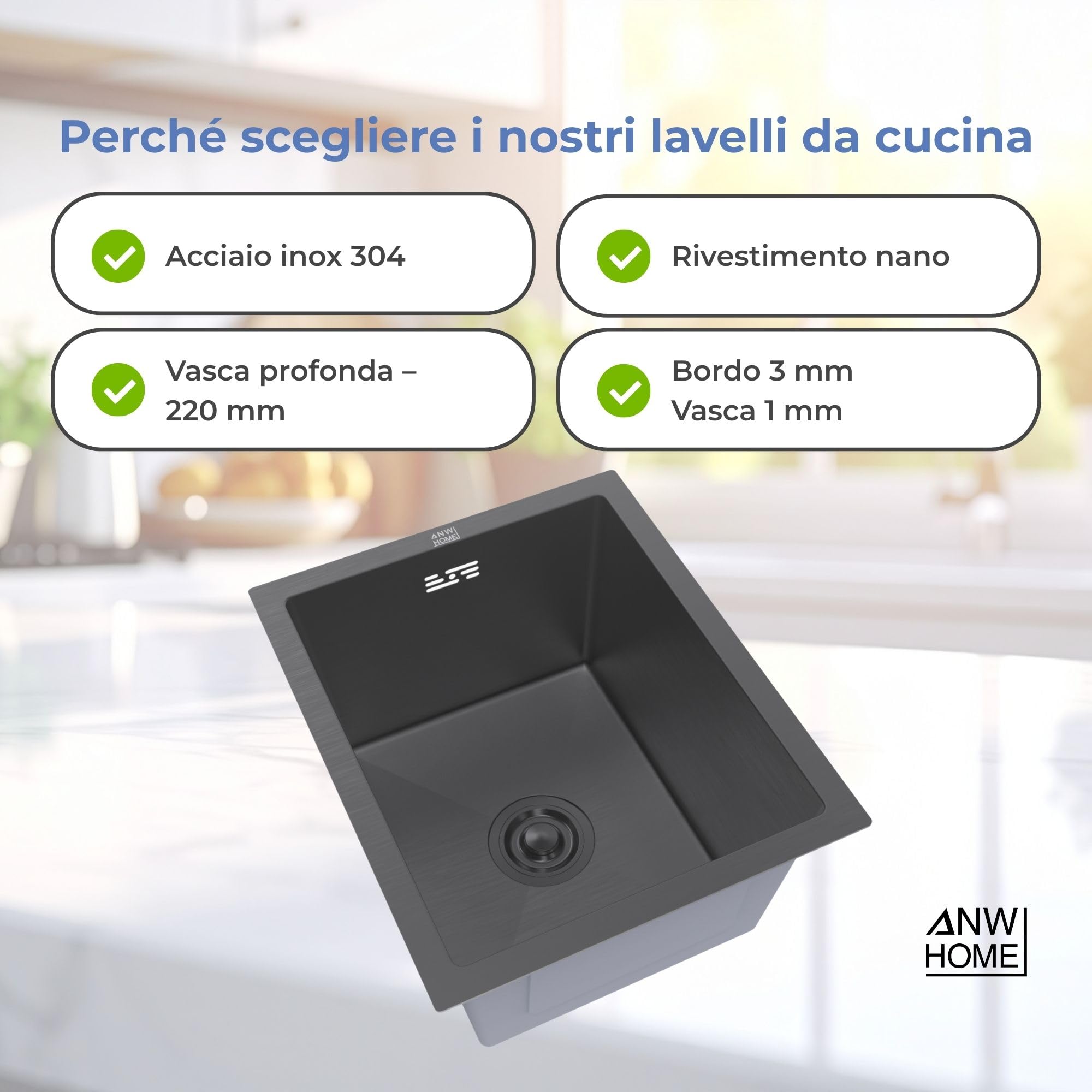 ANW HOME Lavello Cucina 1 Vasca Lavandino Cucina Acciaio Inox 304, Lavello da Incasso o Sottotop 37x45 cm Grafite PVD, Rivestimento Nano, Spessore 3,0+1 mm, Profondità 22 cm, con Sifone