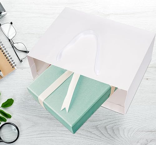Miniatura 7 de Paquete de 12 bolsas de regalo medianas con asas de cinta y bolsas de pañuelos, bolsas de regalo blancas para compras, pequeñas empresas, fiestas
