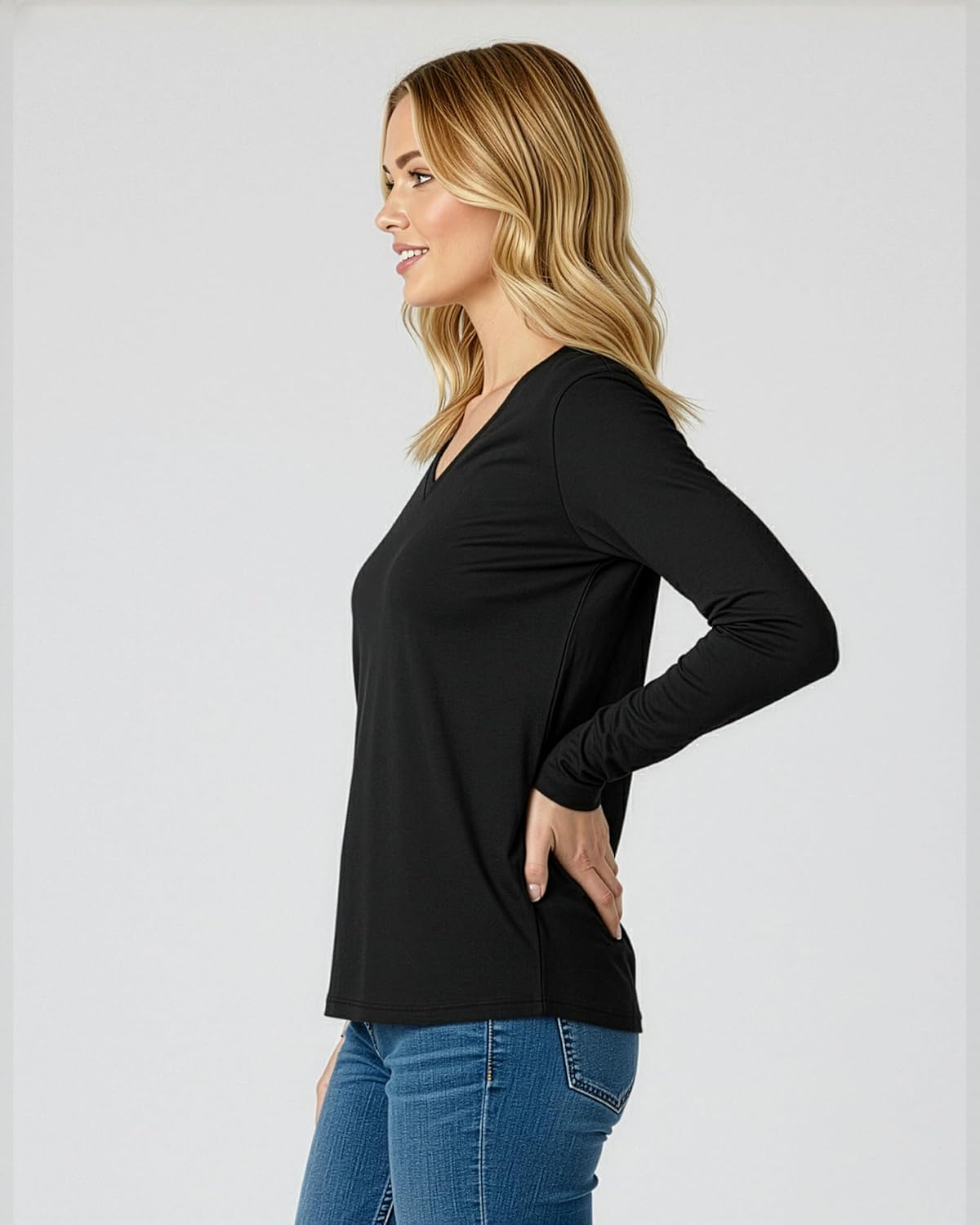 Real Essentials 4 Pack: Women's V-Neck Cotton Long-Sleeve T-Shirt (Available in Plus Size) - Image 5
