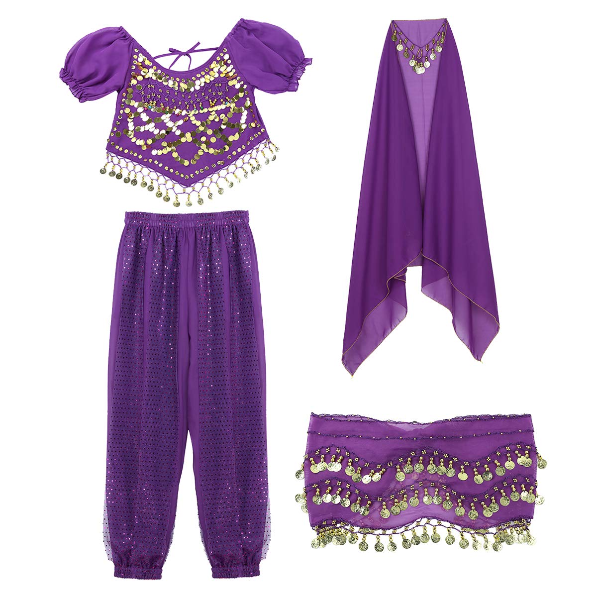 inhzoy Vestido Danza del Vientre para Mujer Disfraz de Princesa Árabe Traje de Baile India Lentejuelas Conjunto de Danza Oriental 4Pcs para Fiesta Actuación