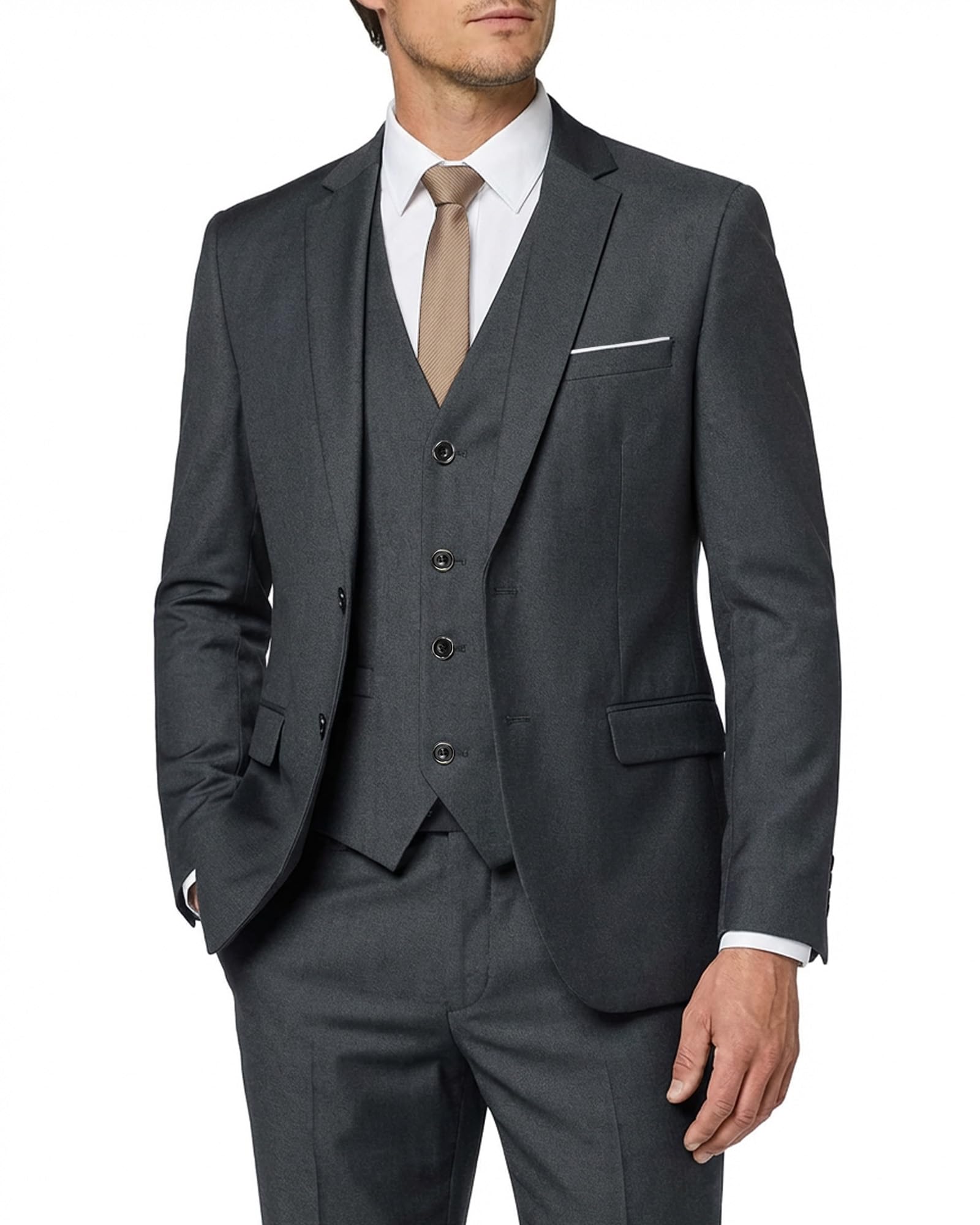 MY'S Men's 3 Piece Slim Fit Suit Set, 2 Button Blazer Jacket Vest Pants with Tie, Solid Wedding Dress Tux and Trousers