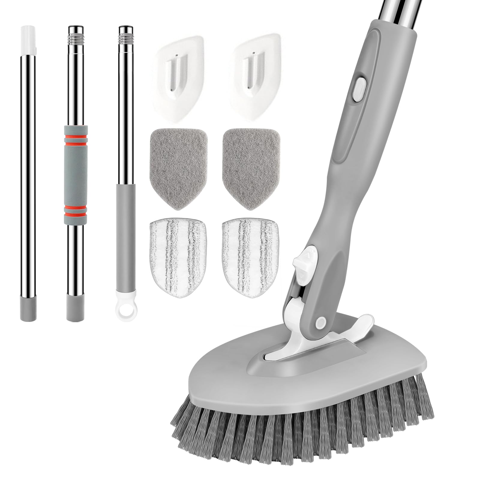 SetSail Floor Scrub Brush, 3-In-1 Tile Tub Floor Scrubber with 52-inch Adjustable Long Handle Shower Cleaner Brush and 4 Detachable Replacement Brush Heads for Cleaning Bathroom Kitchen Tub Tile, Grey