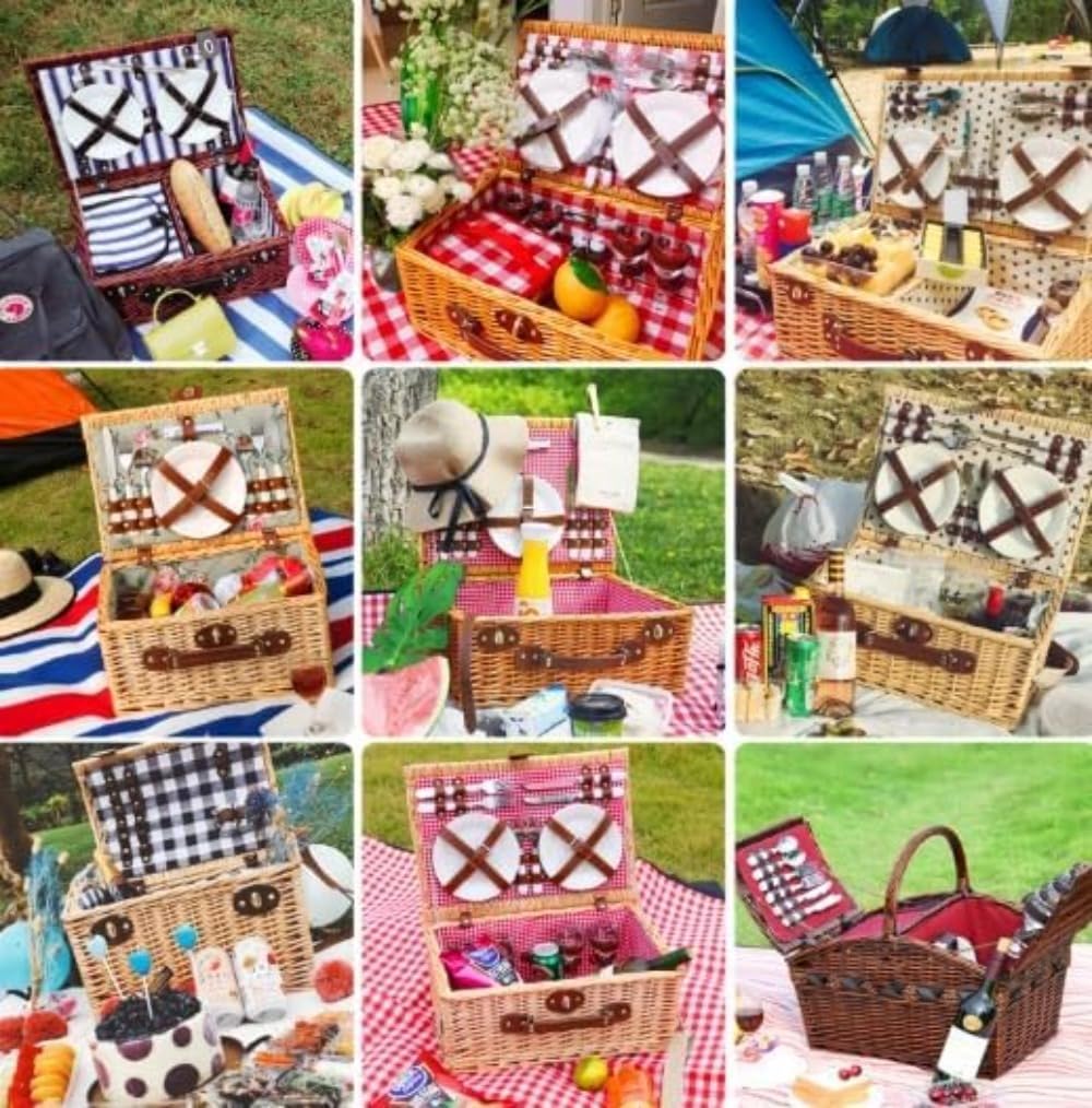 ピクニック バスケット 折りたたみ式 収納バスケット 蓋付き 2way キャンプ用 テーブル 多機能 アウトドア ポータブル 収納ケース 大容量  手提げかご 収納ボックス 洗濯物入れ 野菜バスケット 持ち運び 釣具 車載収納 撮影 道具 贈り物 遠足 旅行 お花見 かご 全3色 | GBB2号店 Citybaby 2～4人用ピクニックセット（食器付き）、蓋付きポータブルラタン収納バスケット、断熱食器付きアウトドアラタンピクニッ