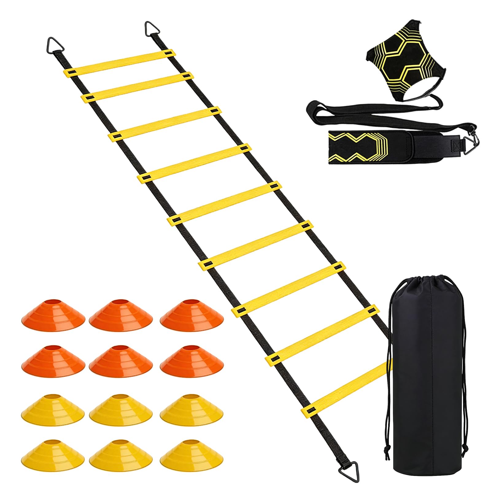 PORFOYO Football Entrainement Kit, Kit Entrainement Foot, Football Kick Entraîneur, Échelle De Rythme 6 Mètres, 12 Cônes De Disque, Accessoires D'entraînement De Football pour Enfant Et Adultes