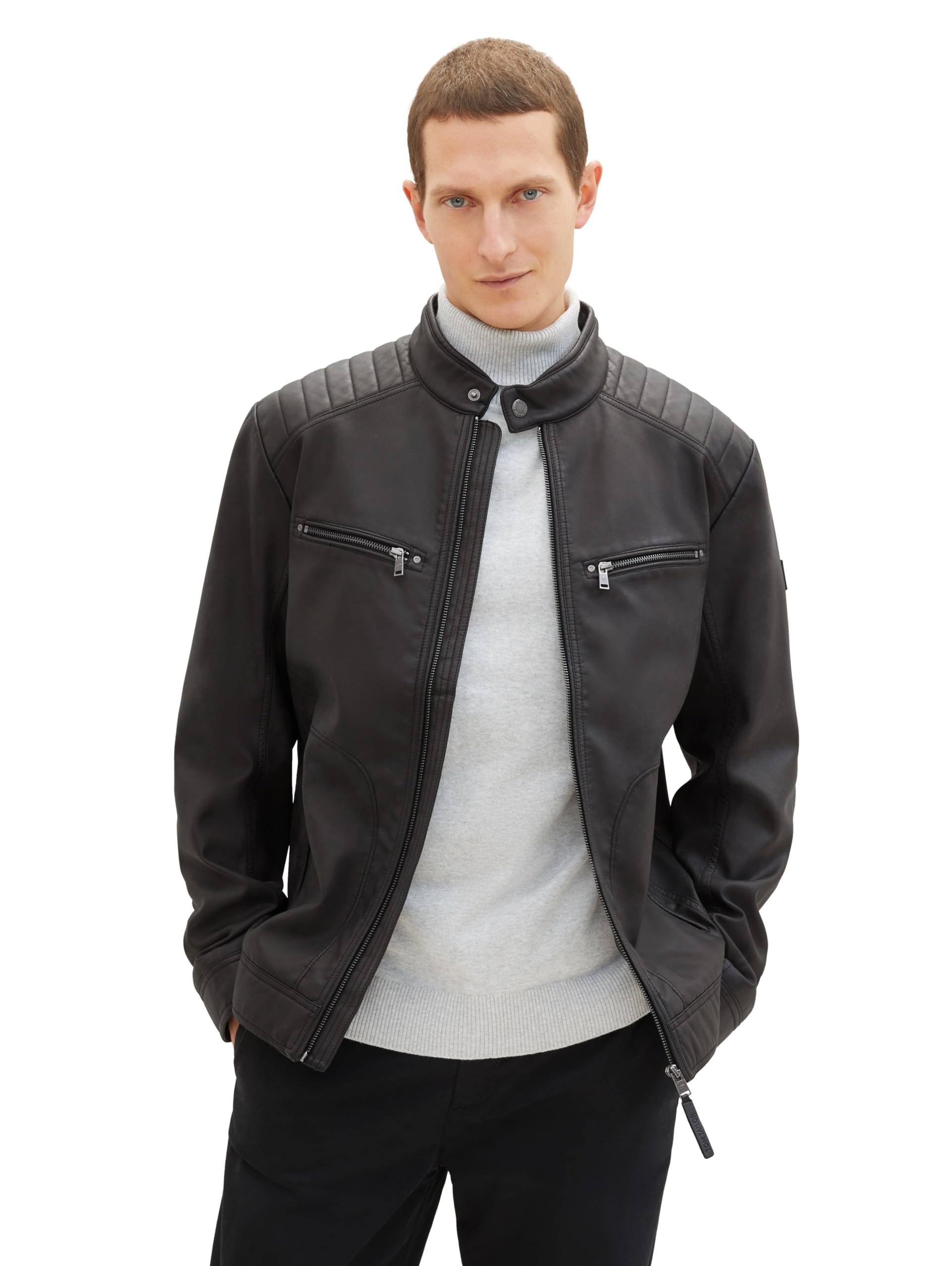 TOM TAILOR Herren Bikerjacke aus Velours, 35654 - Black Fake Leather, XL – Ansicht 2