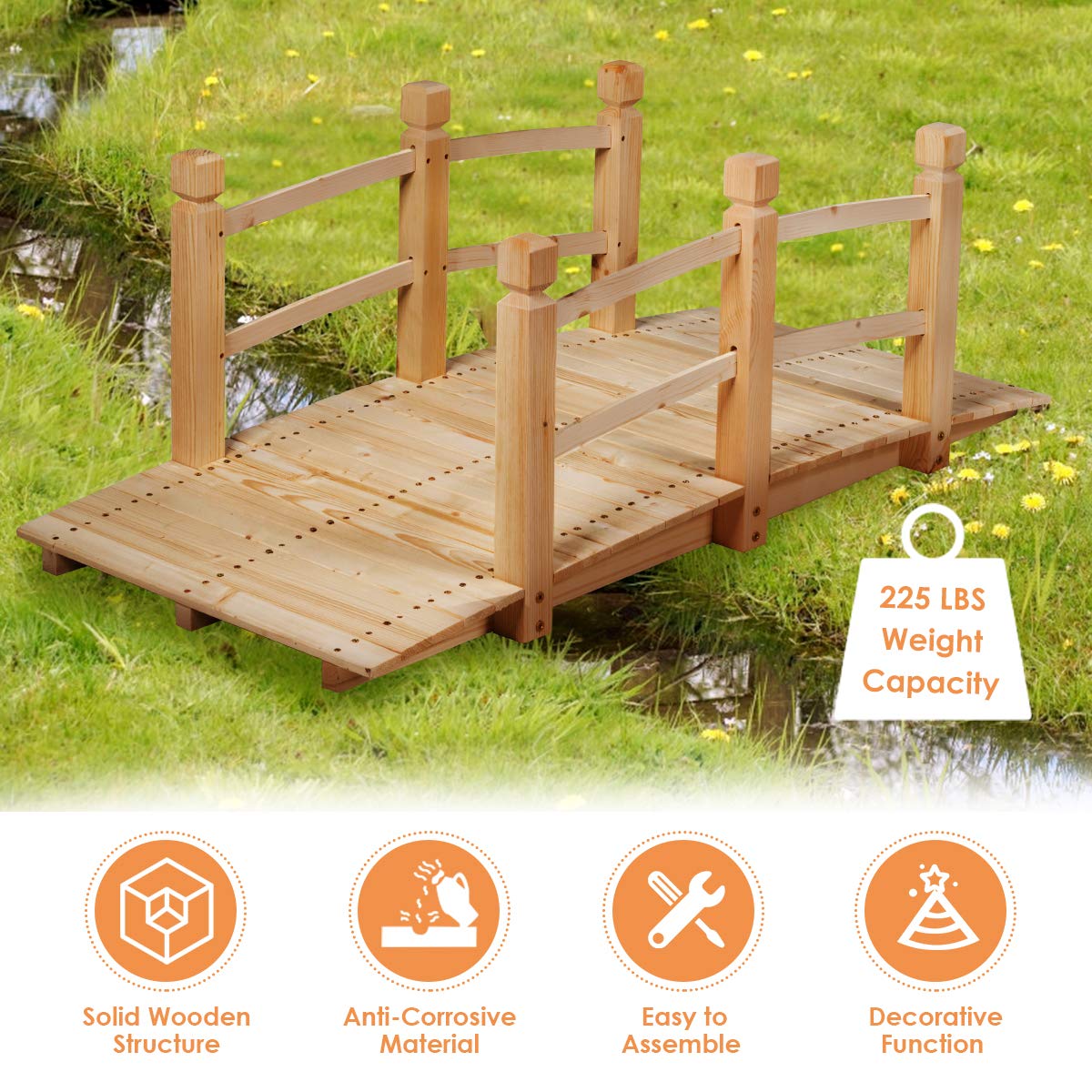 GIANTEX Pont de Jardin en Bois Carbonisé Pont de Bassin,Décoration Extérieure,Dimension 150x67x55CM Charge Max 100kg (Naturel)
