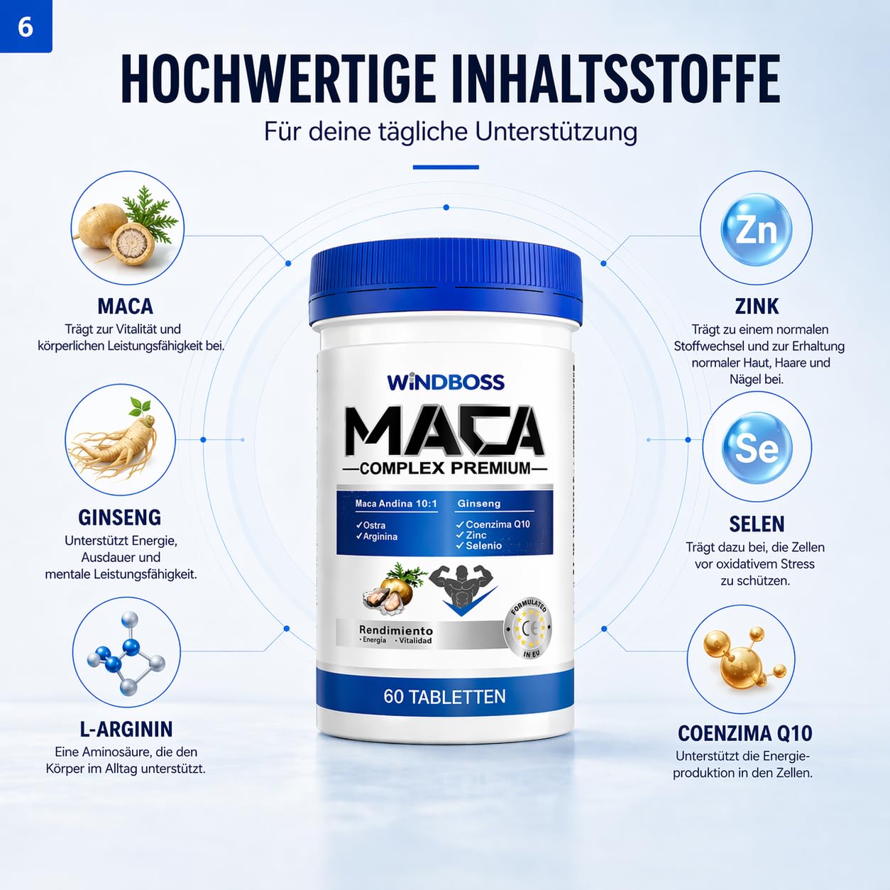 Maca Complex mit L-Arginin, Ginseng, Austernextrakt und Coenzym Q10 – Nahrungsergänzung für Männer – Unterstützt Energie & Vitalität – 60 Tabletten