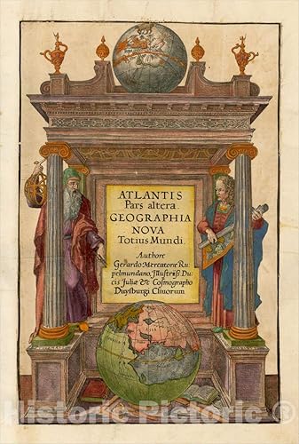 Arte pictórico histórico Atlantis Pars altera Geographia Nova Totius Mundi, 1595, Gerard Mercator, arte vintage para pared de 30.0 x 39.7 in.